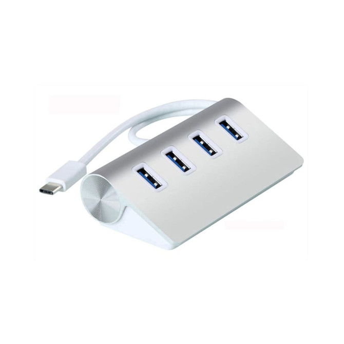 A USB hub with a sleek white design featuring four ports and a connecting cable. It includes a logo on the surface.