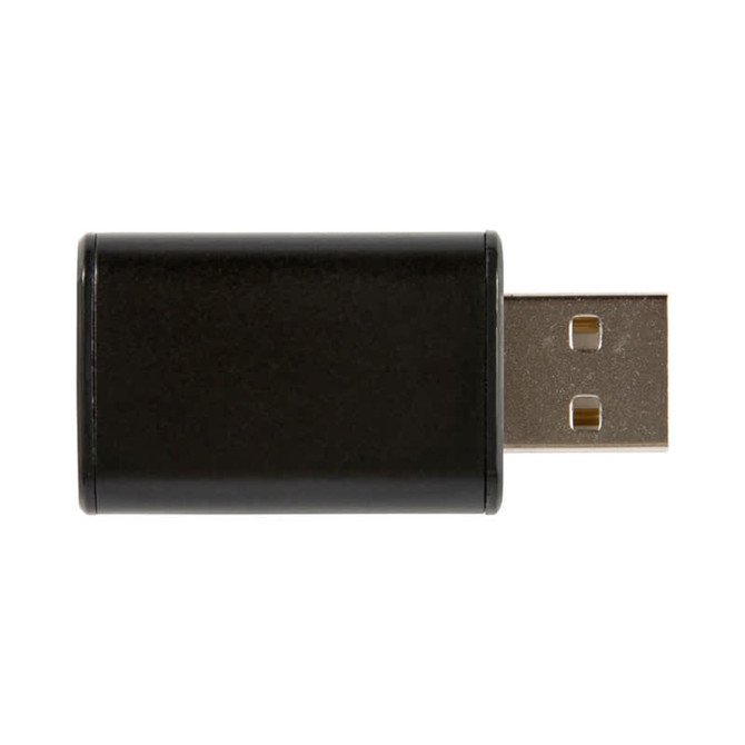 A black USB data blocker with a metallic connector on one end. It features a sleek, cylindrical design.