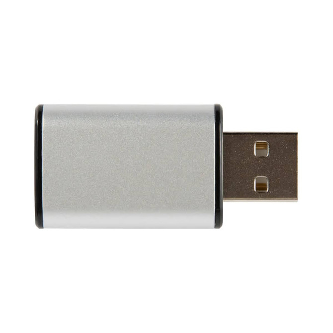 A silver USB data blocker with a metal casing and a black trim. It features a standard USB connection.