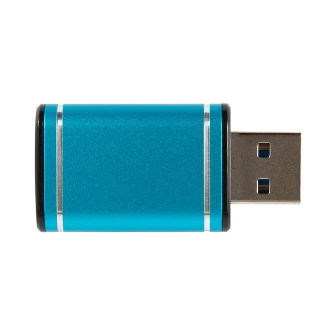 A metallic blue USB data blocker with silver detailing. It features a standard USB connector.