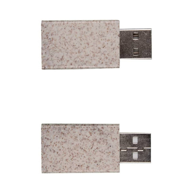 A USB data blocker in a beige and speckled design, featuring a metallic connector, with a logo on the surface.