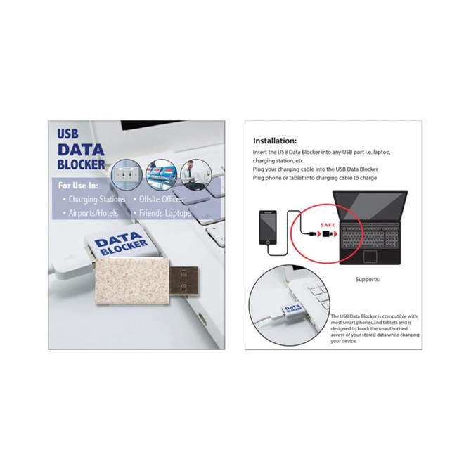 A USB data blocker made from eco-friendly wheat straw, featuring a logo and plug design.