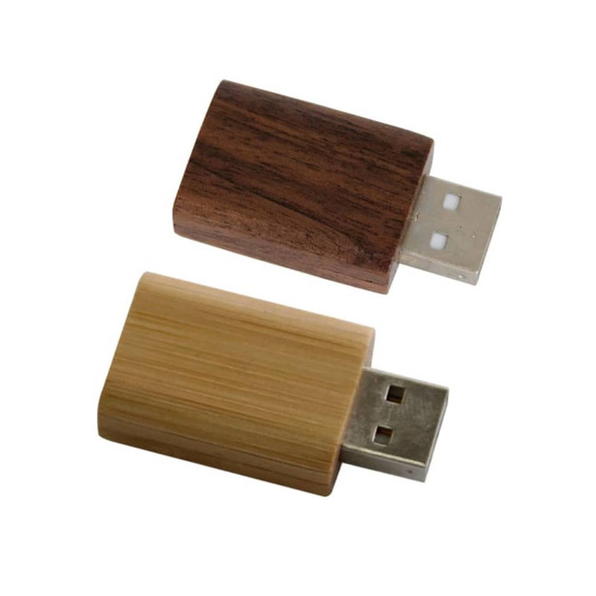 A USB data blocker in wood, featuring a bamboo design and a darker wood finish, with a silver USB connector.