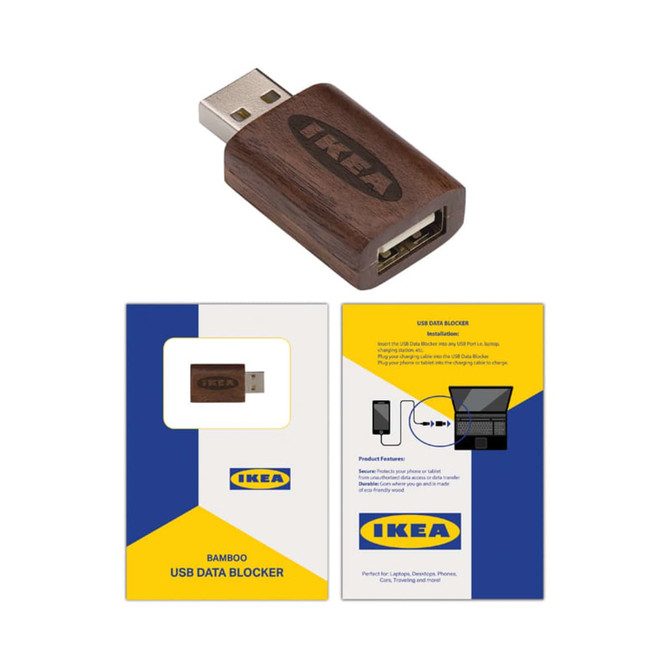 A bamboo USB data blocker with a wooden finish, accompanied by packaging featuring a logo and vibrant colours.
