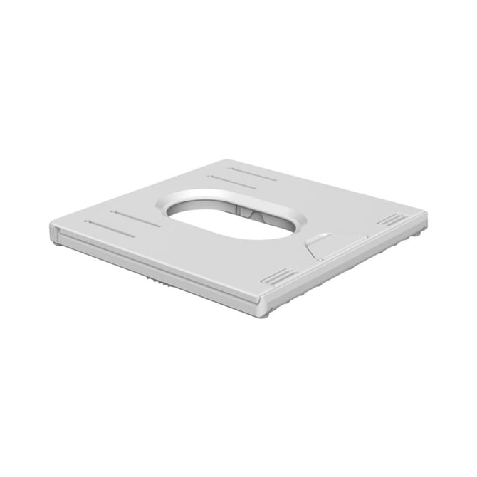 A foldable laptop stand in white, featuring a central cut-out and various grooves for device support.