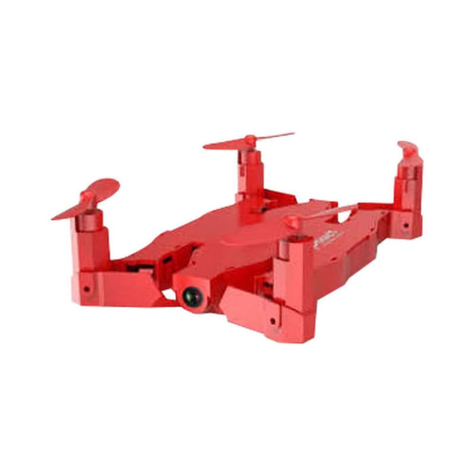 A red foldable drone with four propellers, compact design, and a small camera feature. It has a logo on it.