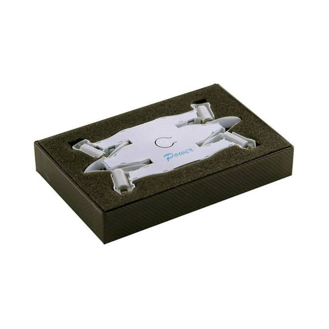A foldable white drone in a padded black box, featuring a logo and sleek design.
