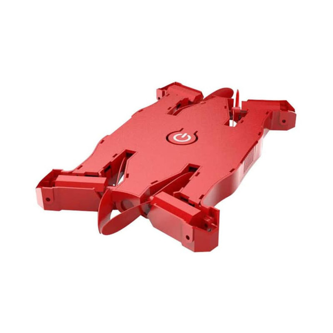 A red foldable drone with a central power button and sleek design, showcasing compact portability.