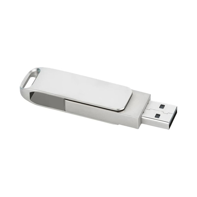 A silver USB flash drive with a twist mechanism and a logo on the side.