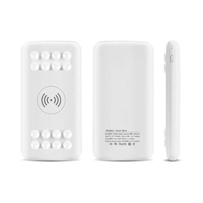 A white wireless power bank with a textured surface, featuring a logo and a slim profile.