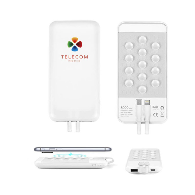 A white 8000 mAh wireless power bank with a logo and multiple charging ports on one side.