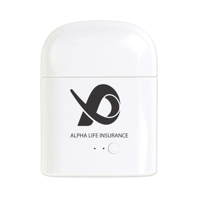 A white charging case for true wireless earphones with a branding logo on the front.