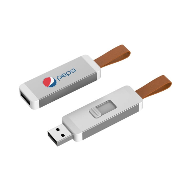 A silver and white flash drive with a brown strap and a logo.