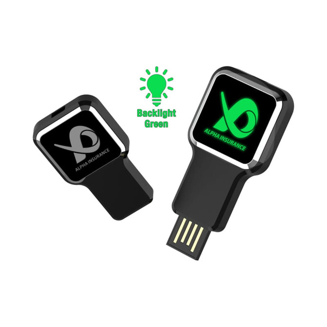 A black flash drive with a green backlight and a branding logo. Features a compact design for easy portability.