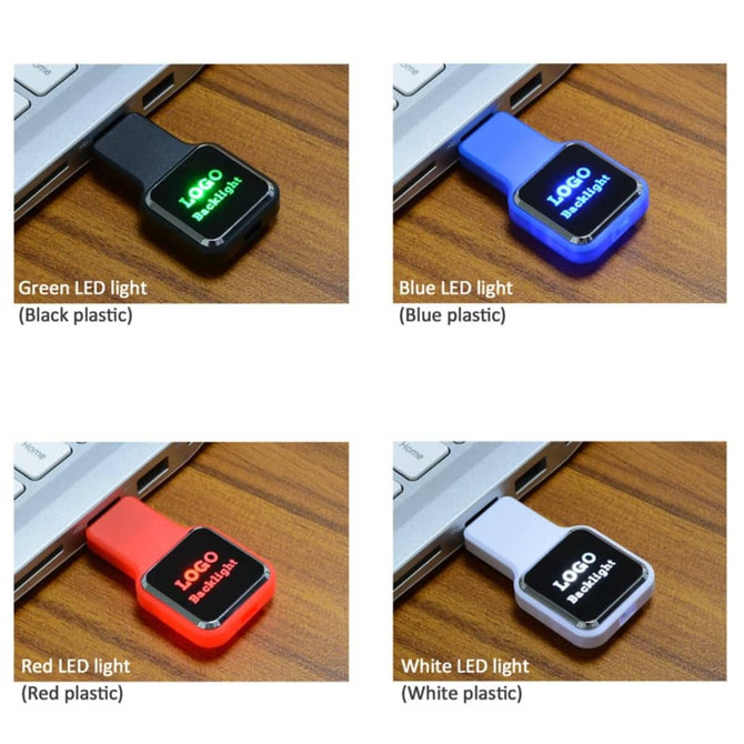 A flash drive in four colours: black with a green LED, blue, red, and white with corresponding LED lights, each featuring a logo.