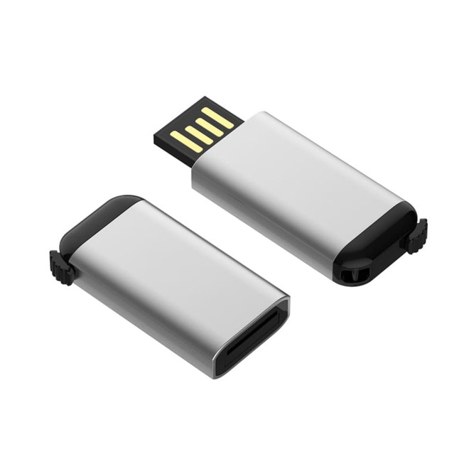 A silver flash drive with a black end and a removable cap, featuring a USB connector.