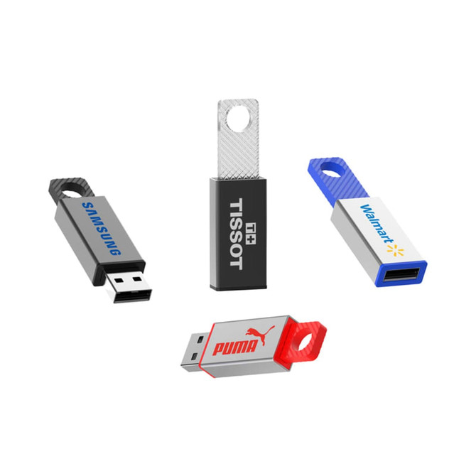 Four flash drives in varying designs: one silver, one grey, one blue, and one red, each featuring a logo.