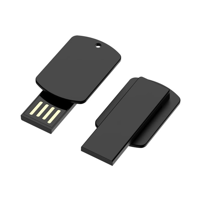 A black flash drive featuring a clip design and a USB connector on one side. The product includes a logo.