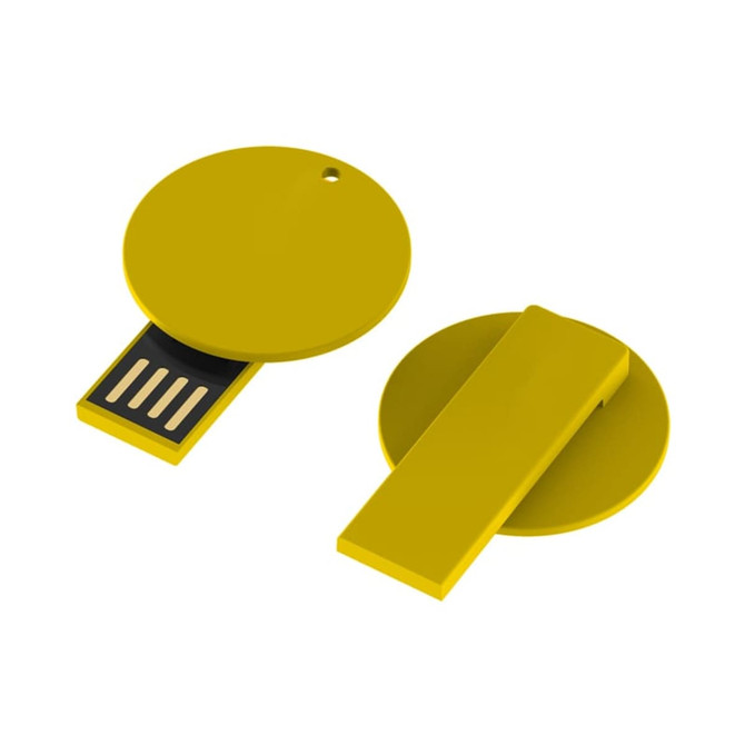 A yellow circular flash drive with a sliding mechanism and a small hole for attaching to a keychain.