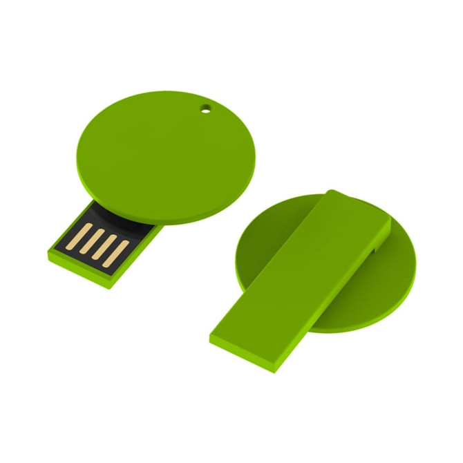 A green circular flash drive with a detachable cover, featuring a USB connector and a hole for attachment.