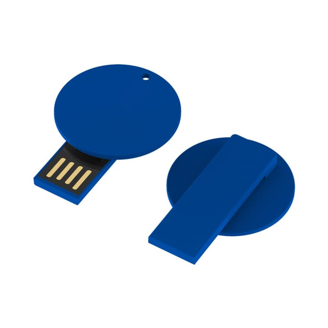 A blue Burton Clip Flash Drive with a circular design and a retractable USB connector.