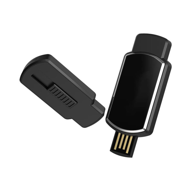 A black LED flash drive with a removable cap, featuring a sleek design and a built-in USB connector.