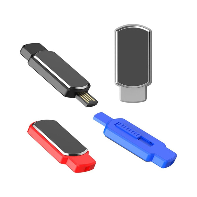A collection of LED flash drives in black, red, and blue, with a sleek design and branding present.