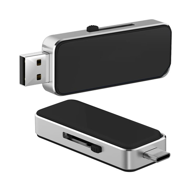 A sleek black and silver Oak Type-C LED flash drive with a retractable connector and a branding logo.