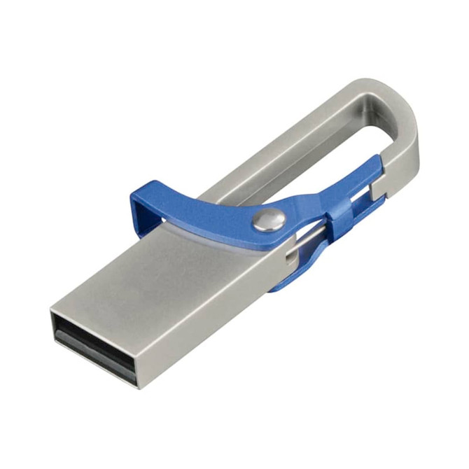A metallic silver flash drive with a blue clip for easy attachment and storage.