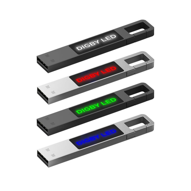 A collection of four Digby LED Flash Drives in black and silver, featuring different LED light colours: red, green, and blue.