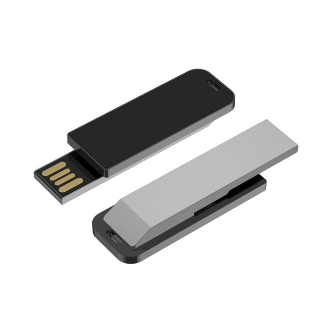 A black and silver Jonah LED clip flash drive with a sleek design, featuring a USB connector and branding.