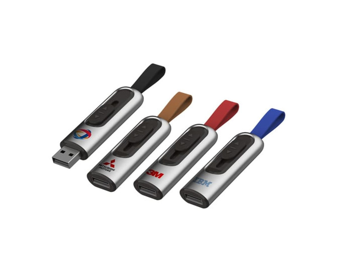 A set of four Churchill flash drives in silver with black, brown, and blue accents, featuring various logos.