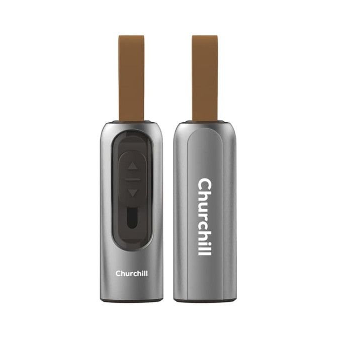 A silver flash drive with a brown strap, featuring a control panel and a logo.