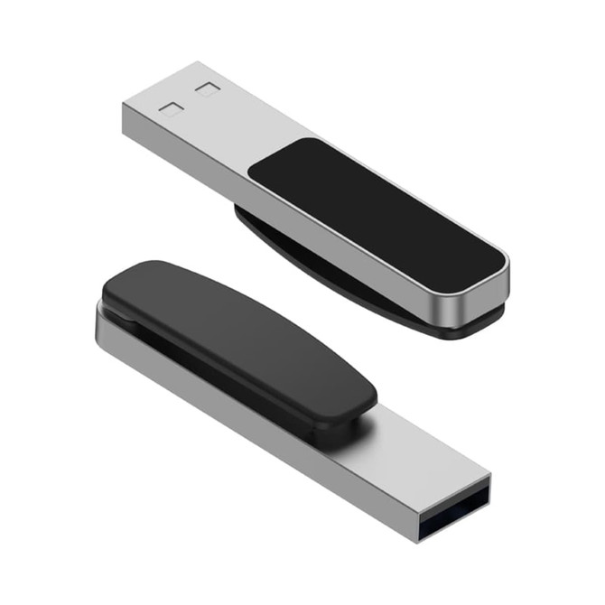 A silver and black Mosman LED flash drive with a sleek design and a rotating cover.