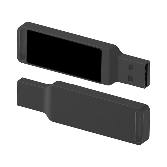 A black LED flash drive with a sleek design and a logo on the side.
