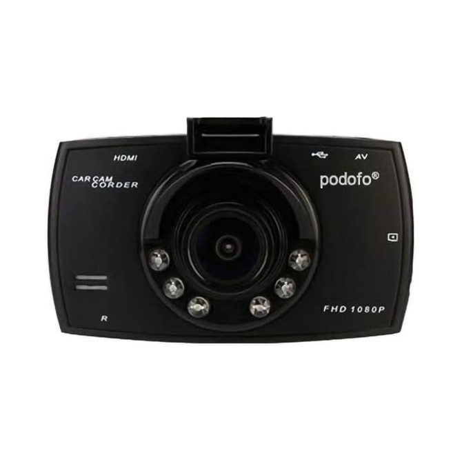 A black dash cam with a circular lens and multiple LED lights, featuring a logo and various input options.