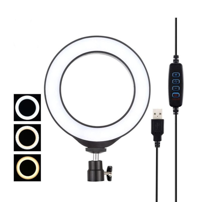 A 6-inch LED halo light in white with a black trim, featuring a USB connection and a control panel.