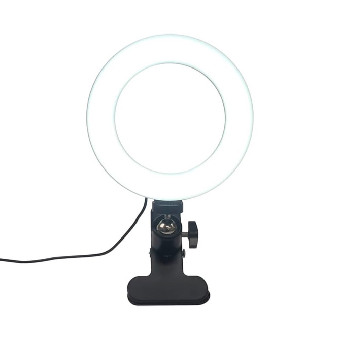 A 6-inch white LED halo light mounted on a black base with an adjustable arm for positioning.