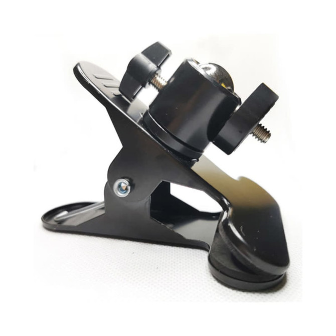 A black adjustable phone mount with a clamp and ball joint for flexible positioning.