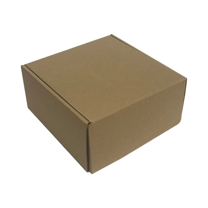 A brown, plain cardboard box with a flap closure, featuring a smooth surface and no visible markings.