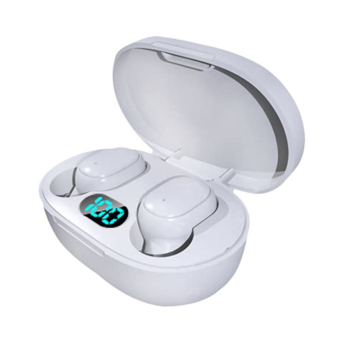 White Hastings Pro TWS Earbuds in a charging case, featuring a digital display and a sleek, compact design.