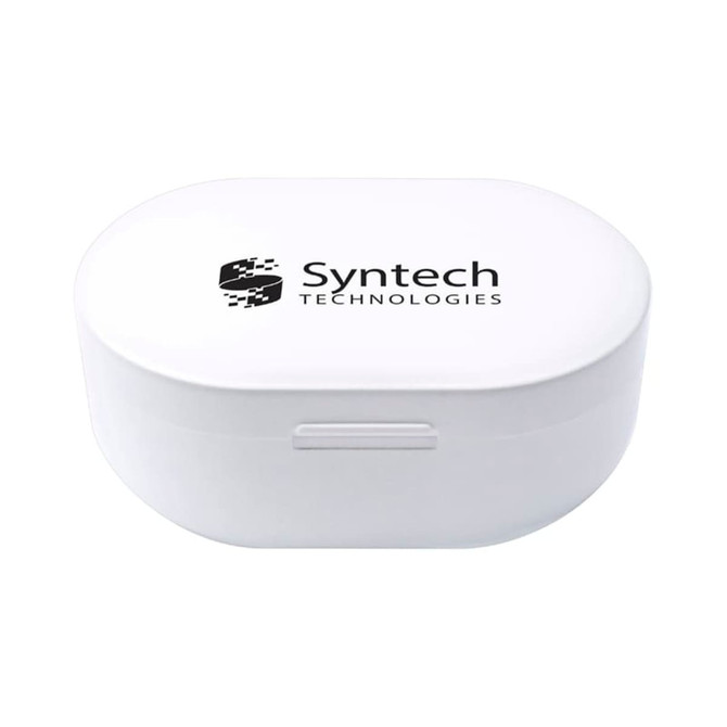 A white storage case for Rapid True Wireless Stereo Earbuds, featuring a logo on the lid.