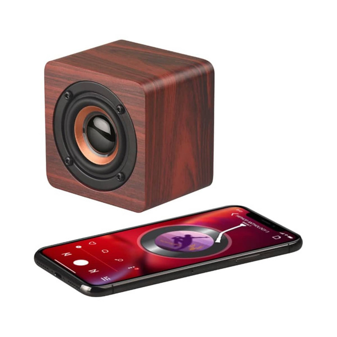 A wooden speaker with a black front grille next to a smartphone displaying a music app.