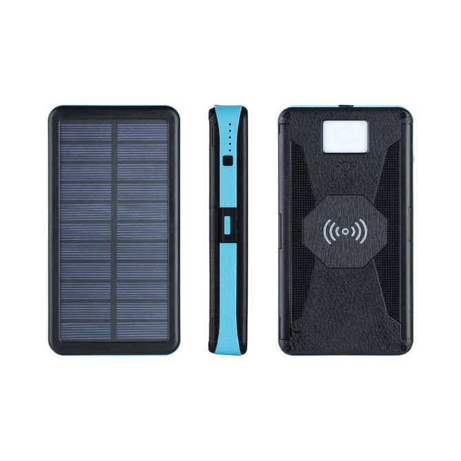 A solar-powered wireless power bank in black and teal, featuring solar panels on one side and a textured surface.