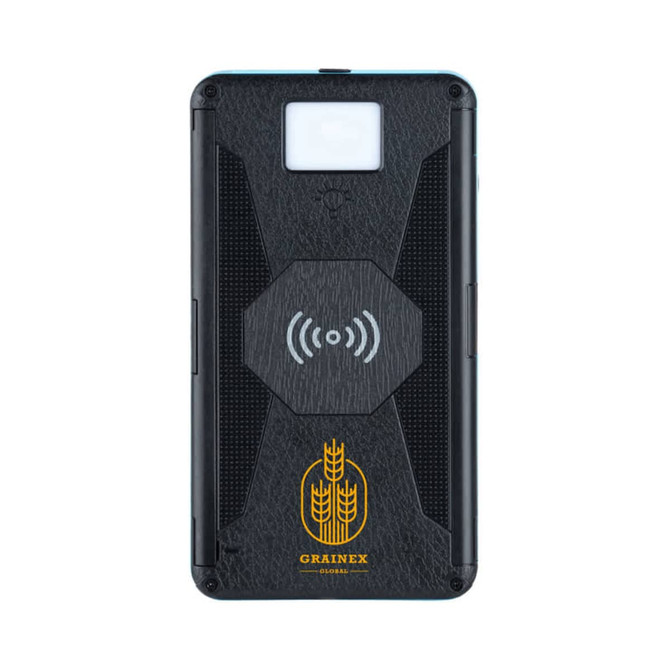 A black solar wireless power bank with a textured surface and an emblem. It features a wireless charging symbol.