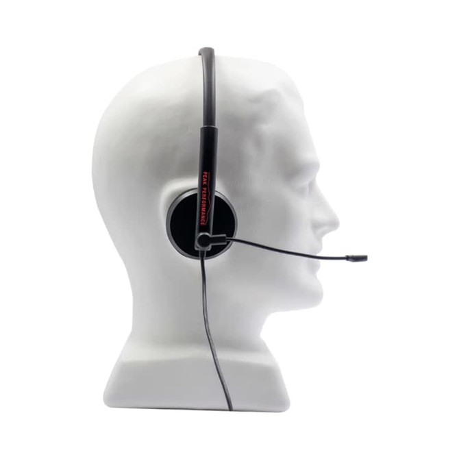 A side view of black Regent Conference Headphones with a flexible microphone attached, displayed on a mannequin head.