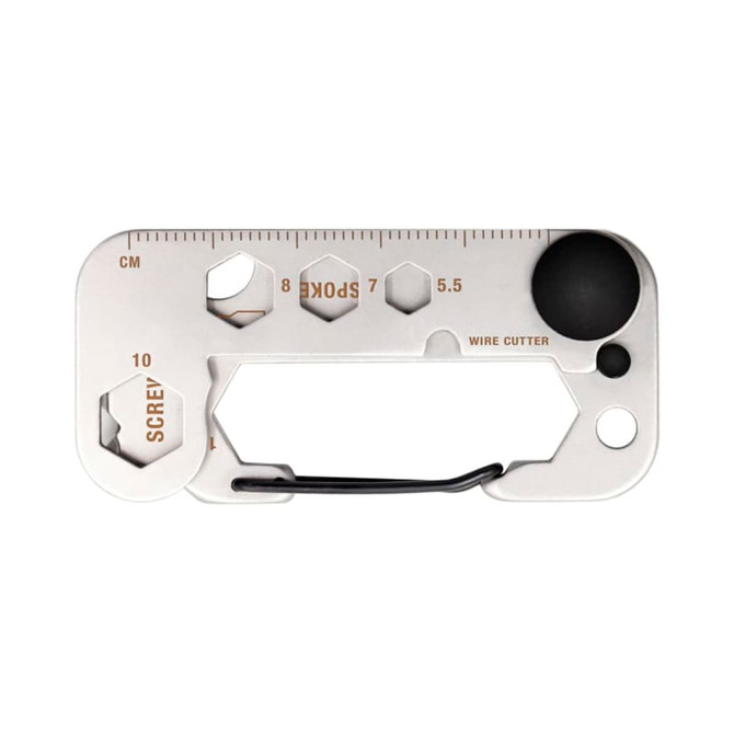 A silver multi-tool with various functions including screwdrivers, a wire cutter, and measurement markings. It has a keyring attachment.