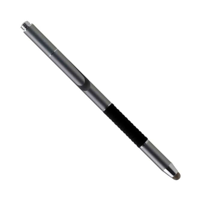 A silver stylus pen with a black grip, featuring a logo on the side.