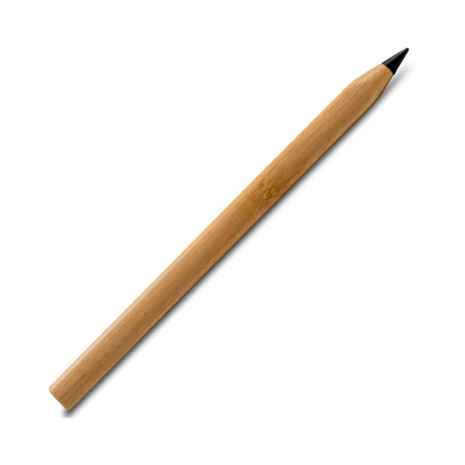 A bamboo pen with a natural wood finish and a black tip, featuring a branding logo.