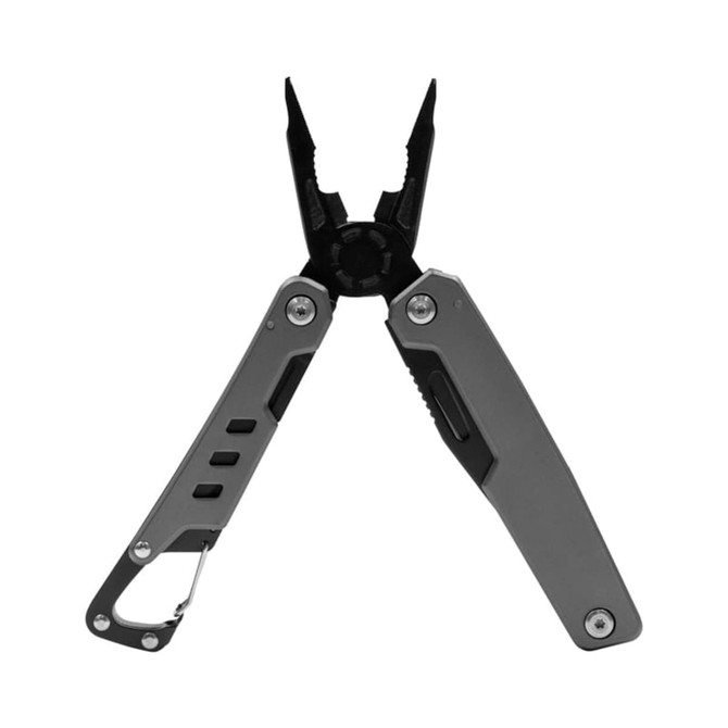 A grey multi-tool with pliers and folding handles, featuring a carabiner for attachment. It includes a branding logo.